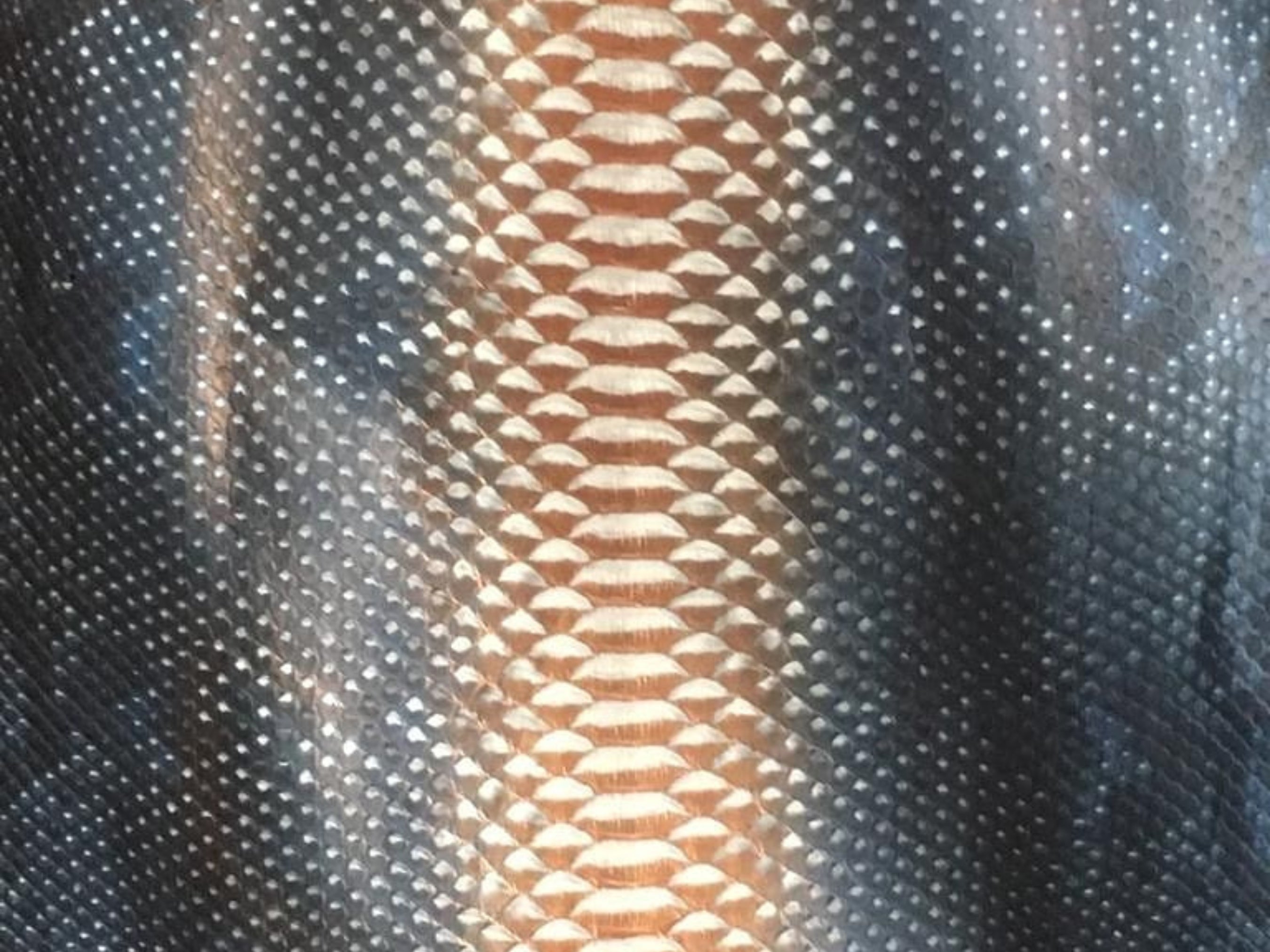 Close-up of charcoal snakeskin-effect texture with vertical striped pattern