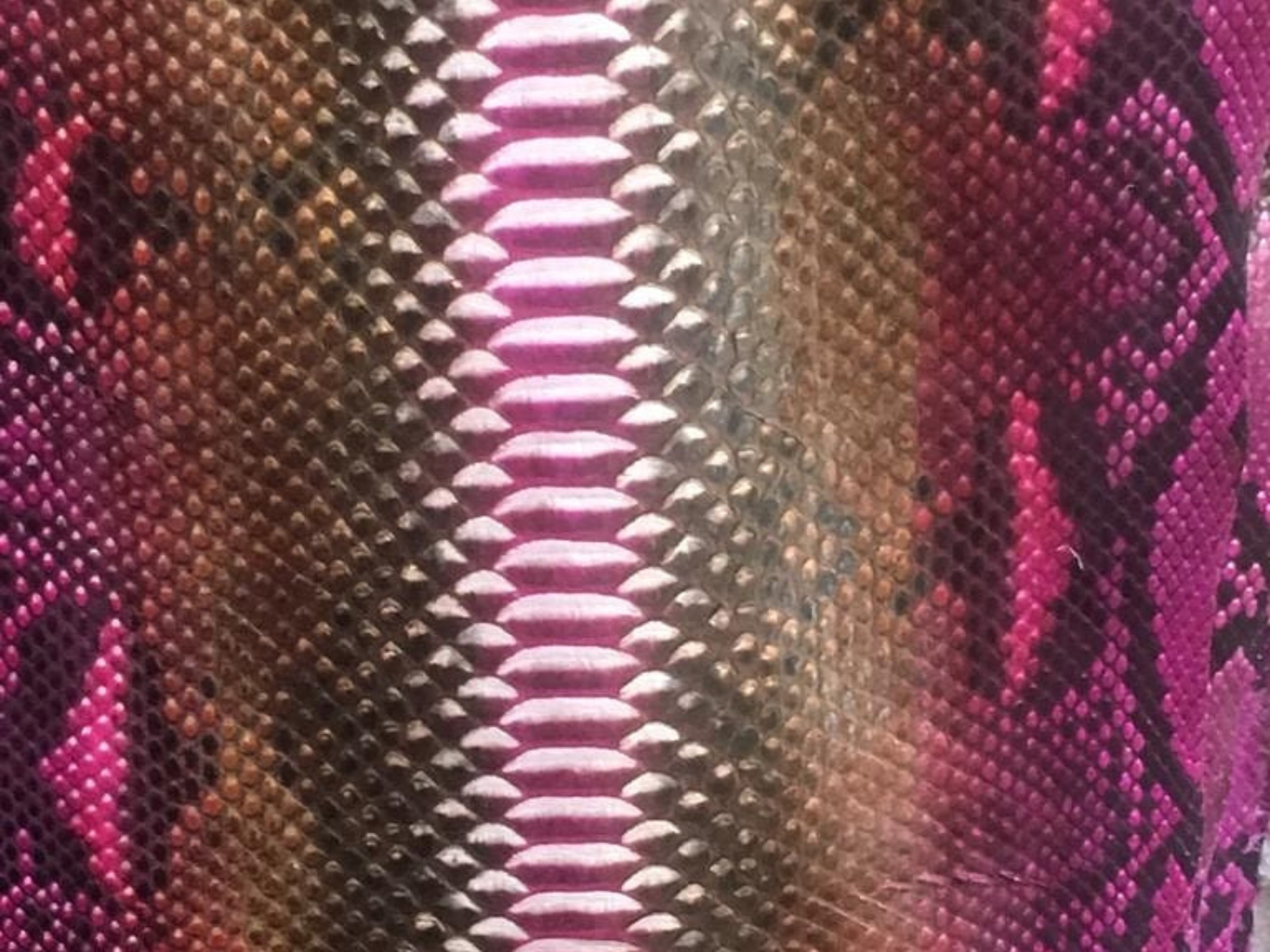 Close-up of pink and metallic brown python snakeskin leather texture