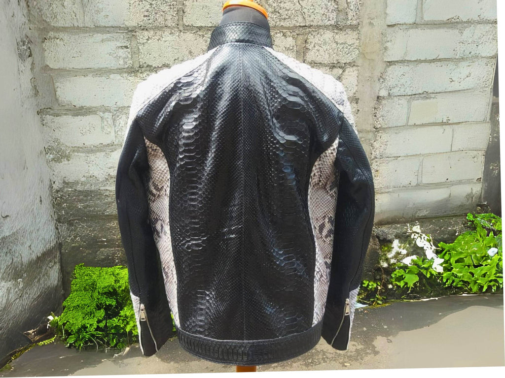 Cafe racer leather jacket back view with black leather and vertical snakeskin side stripes