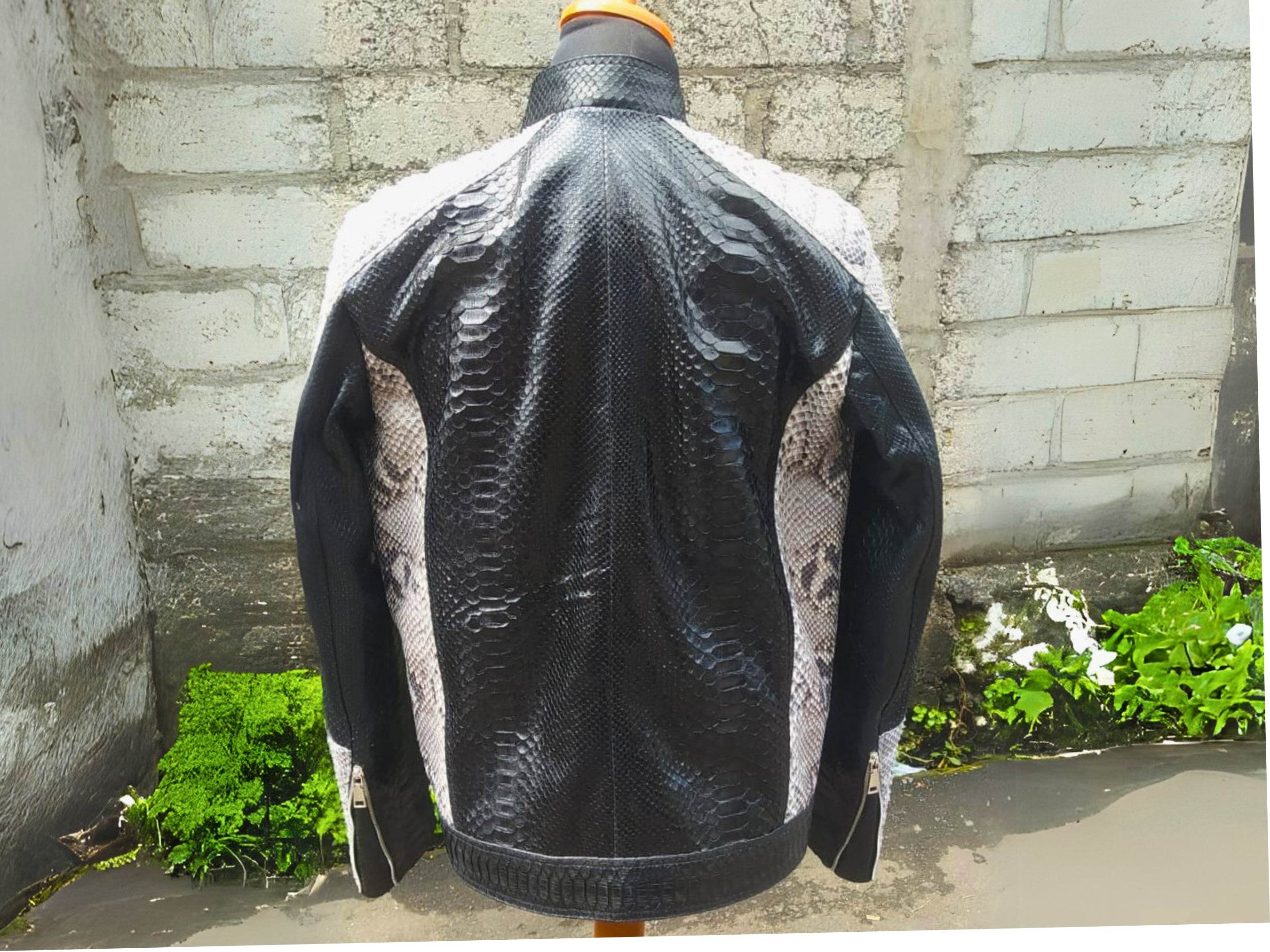 Cafe racer leather jacket back view with black leather and vertical snakeskin side stripes