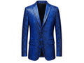 Men's blue snakeskin blazer on hanger, black contrast lining at lapels.