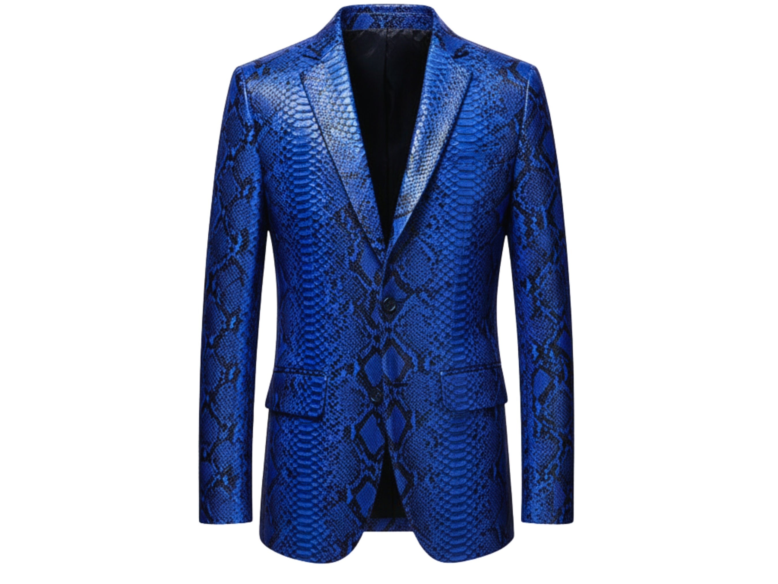 Men's blue snakeskin blazer on hanger, black contrast lining at lapels.
