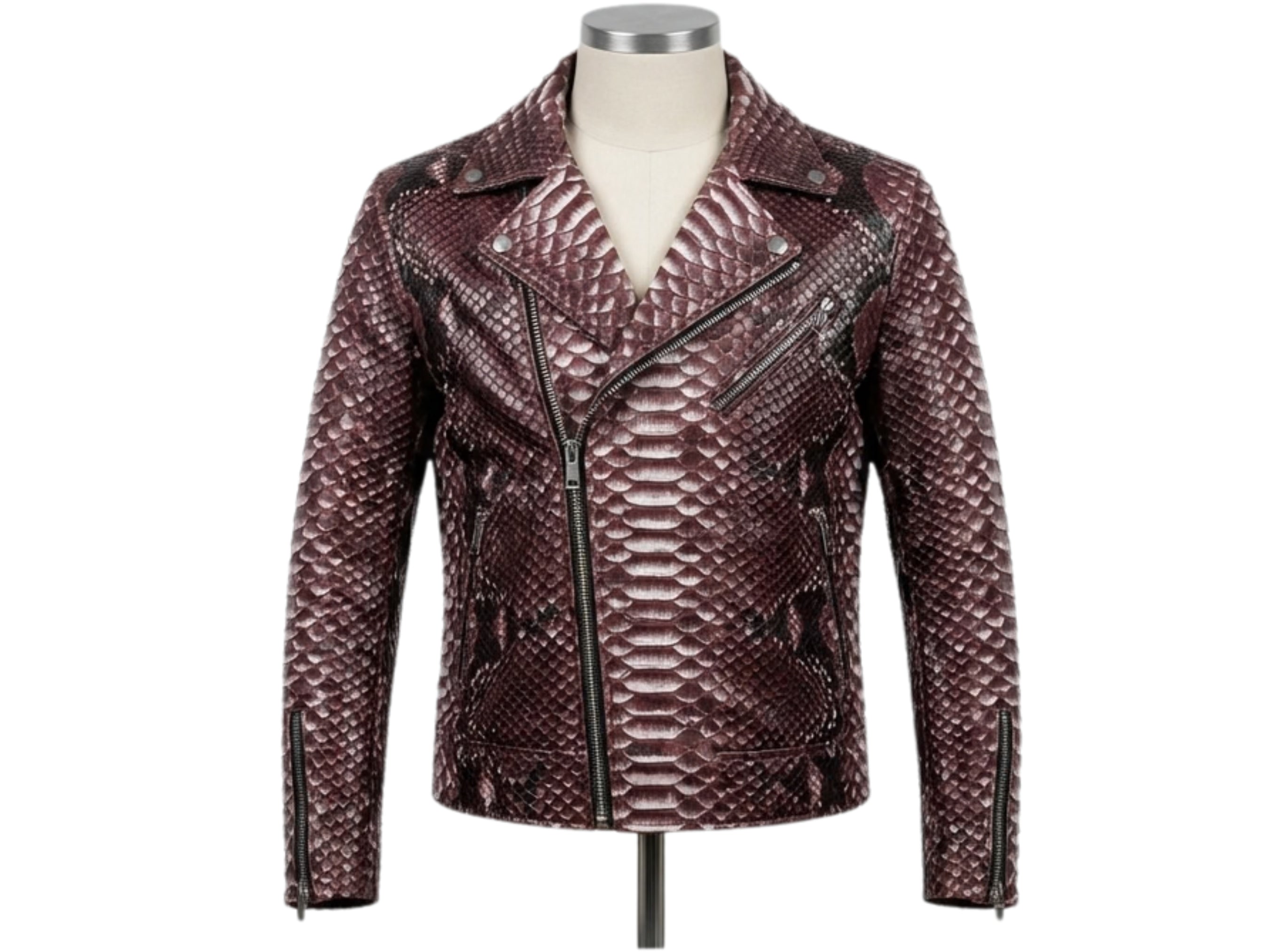 Snakeskin-effect biker leather jacket in burgundy with front zip, snap pockets, lapels.