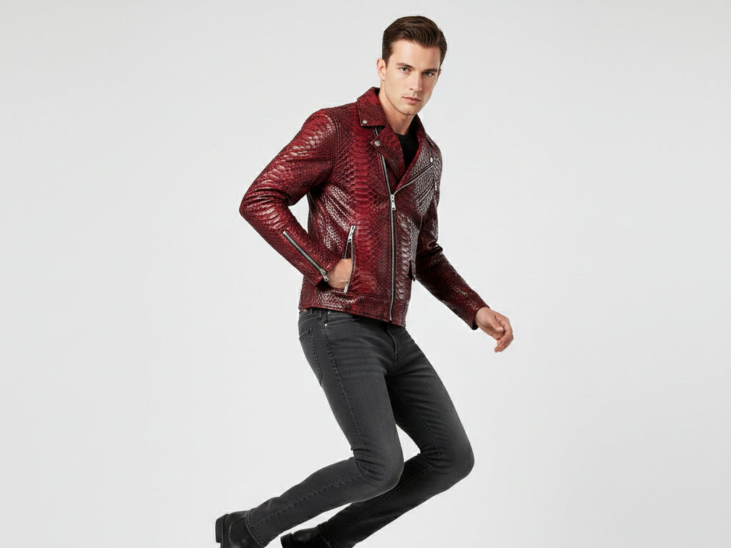 Red python snakeskin biker jacket with asymmetrical zip front and shoulder button tabs