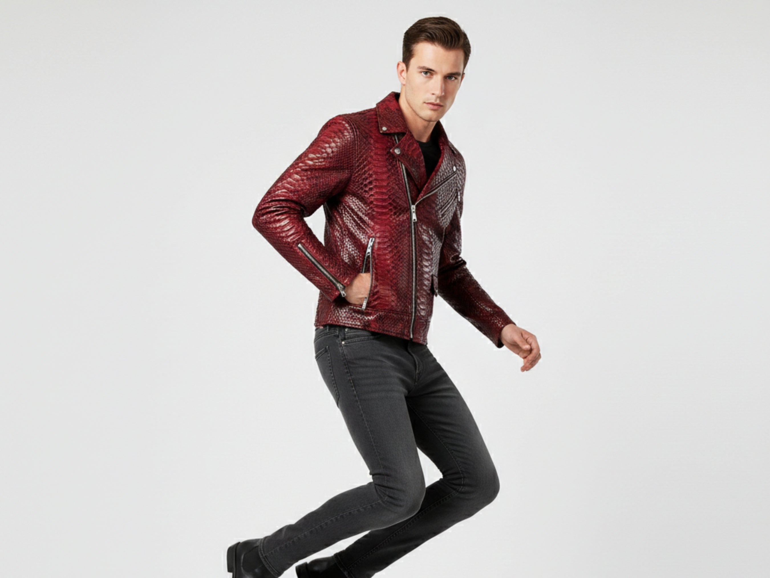 Red python snakeskin biker jacket with asymmetrical zip front and shoulder button tabs