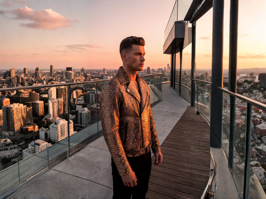 Brown python-effect biker jacket worn with dark pants, standing profile view