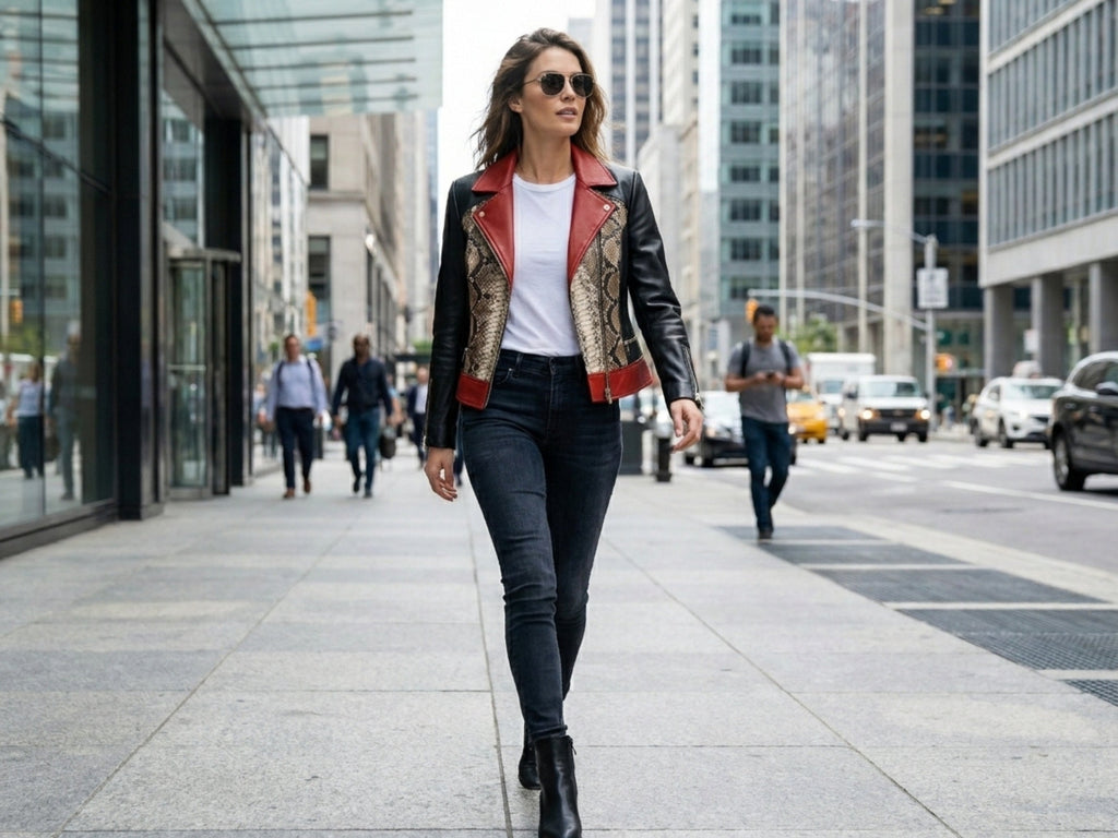 Women’s biker leather jacket with snakeskin front panels and red trim, black base