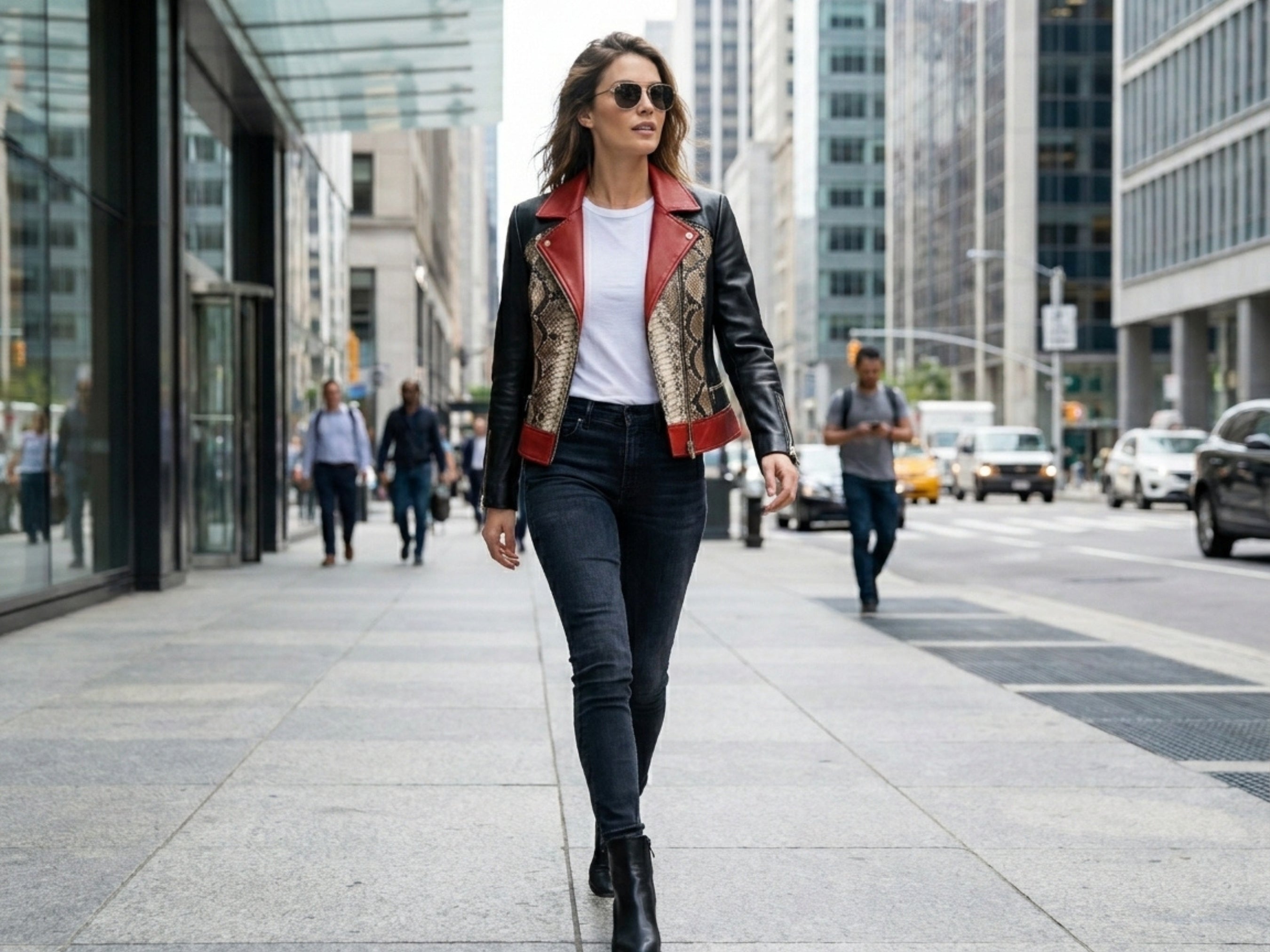 Women’s biker leather jacket with snakeskin front panels and red trim, black base