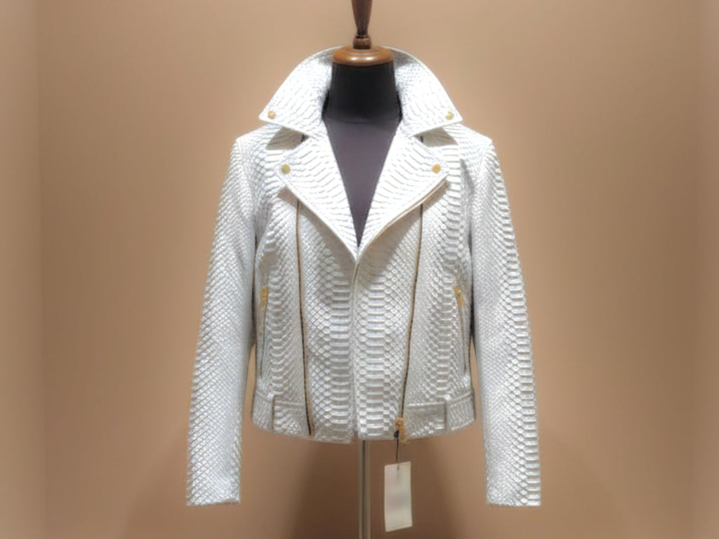 Light blue python-textured cropped biker jacket with snap/knit collar and zip