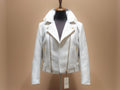 Light blue python-textured cropped biker jacket with snap/knit collar and zip