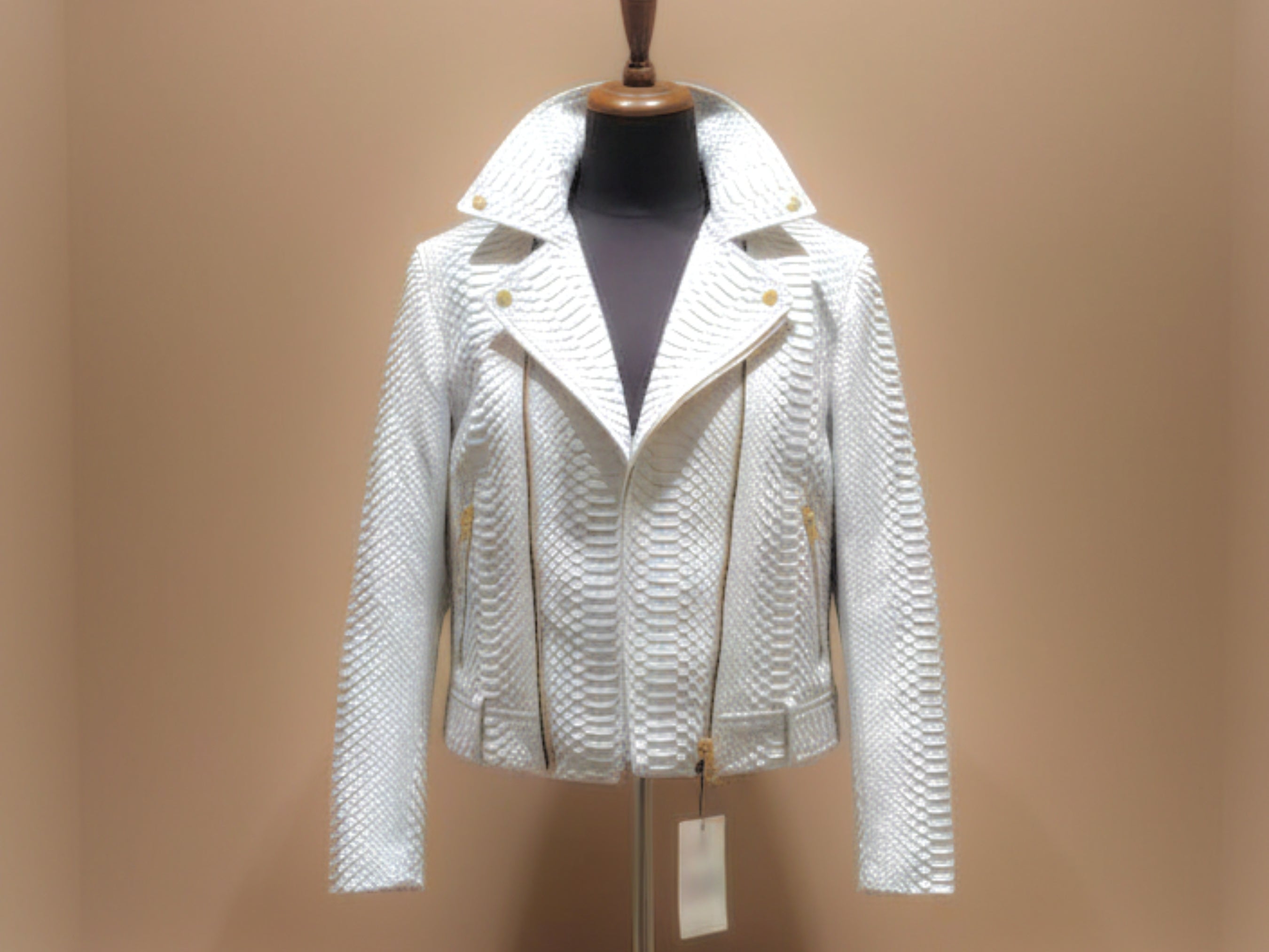 Light blue python-textured cropped biker jacket with snap/knit collar and zip
