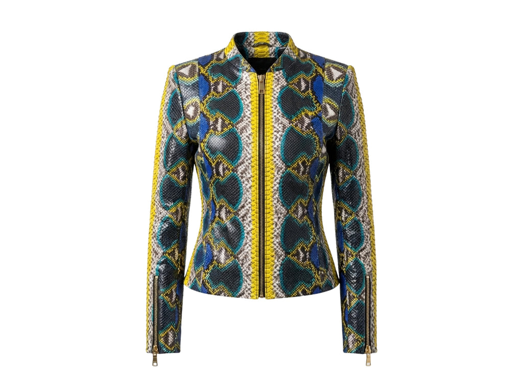 Multi-color snakeskin leather jacket with zip-front and stand collar