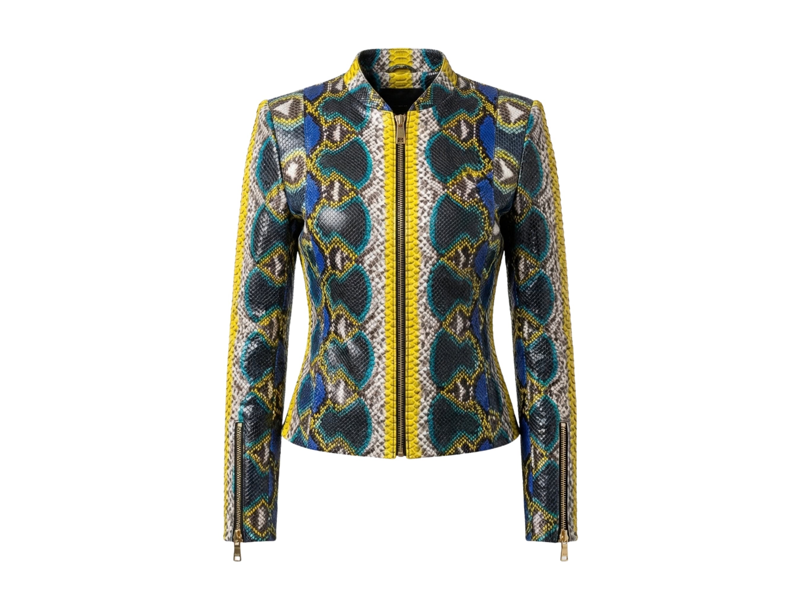 Multi-color snakeskin leather jacket with zip-front and stand collar