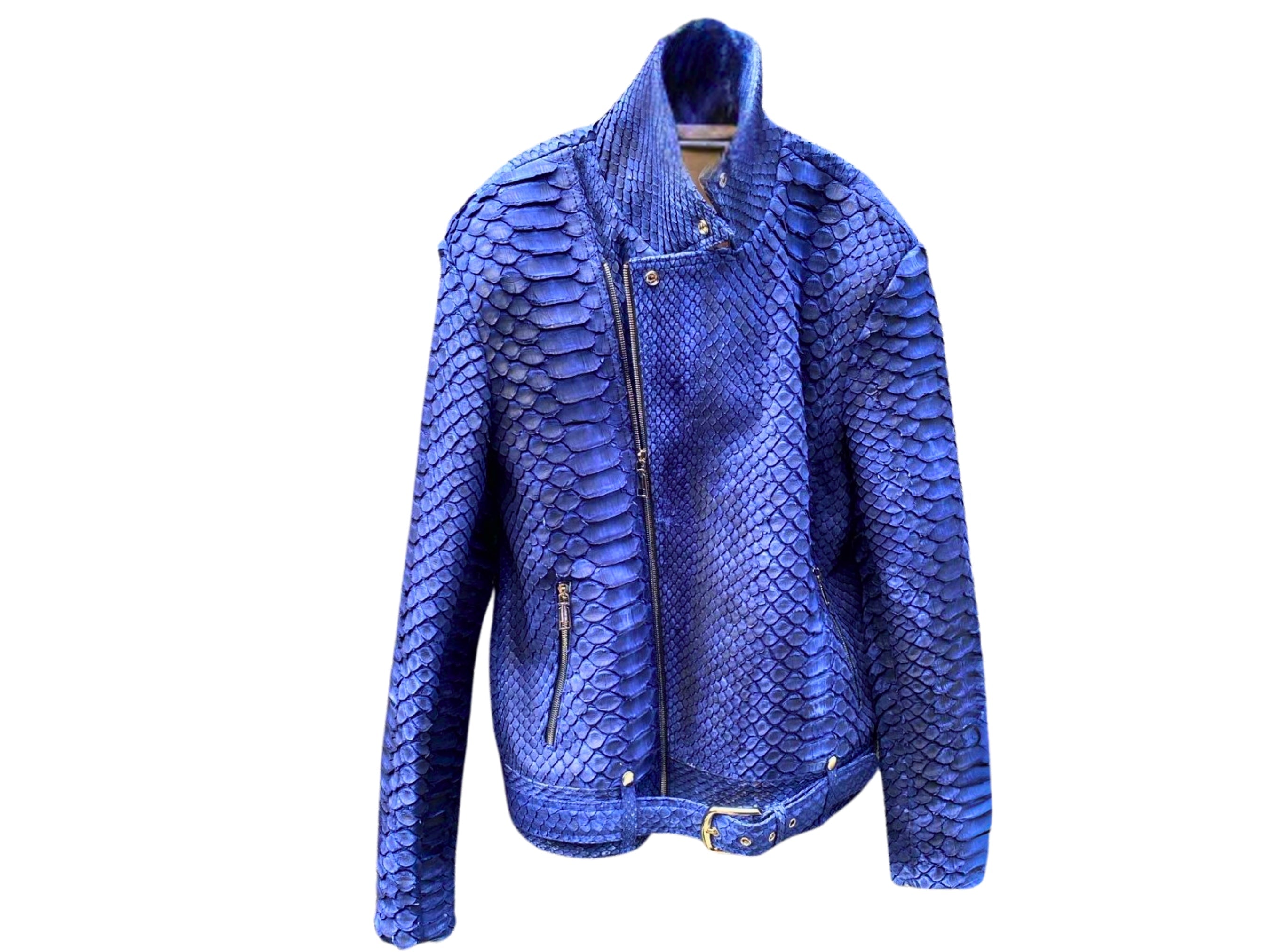 Blue snakeskin leather jacket with stand collar and zip front