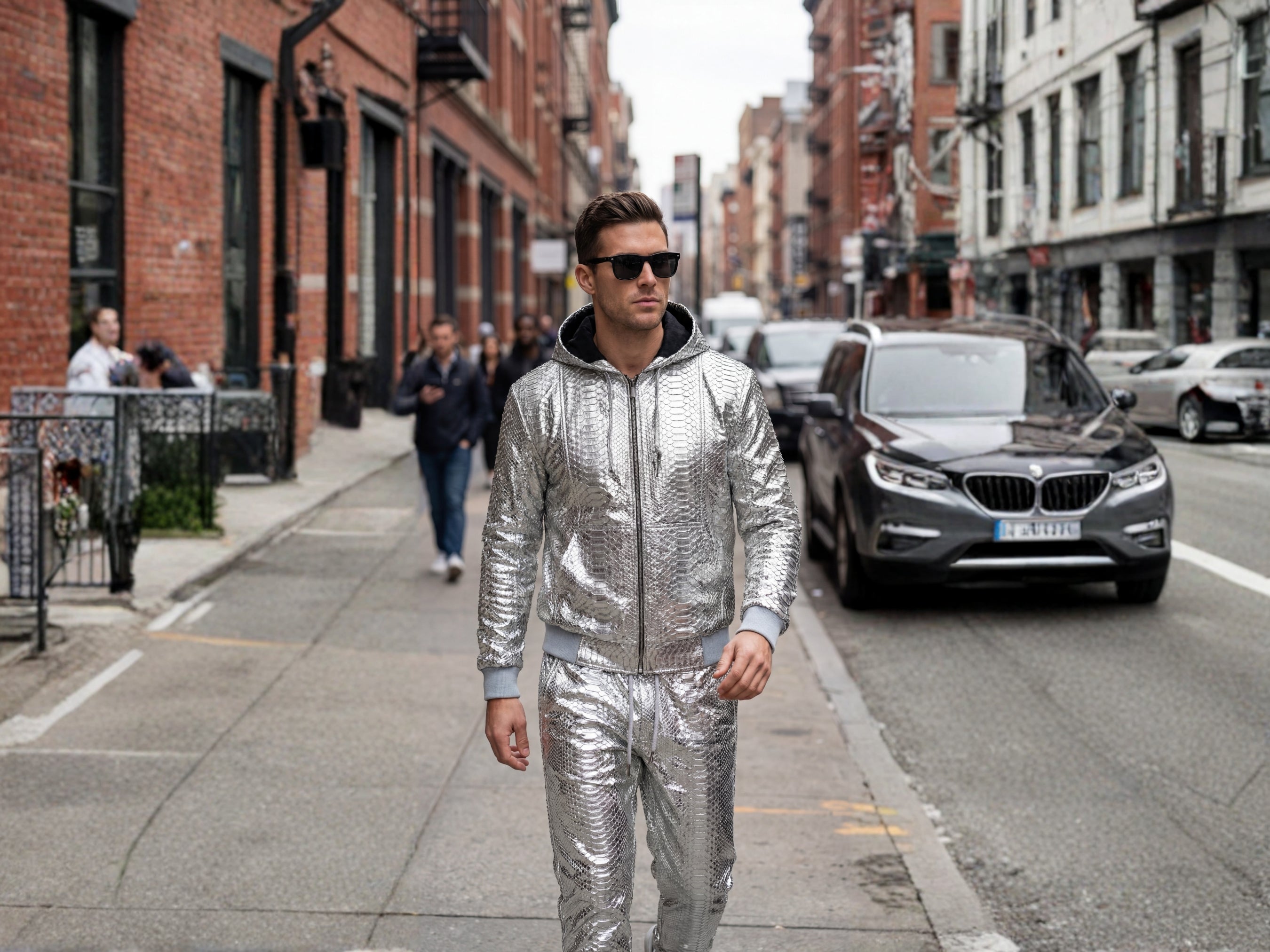Silver metallic python-pattern tracksuit set with hooded bomber jacket and jogger pants