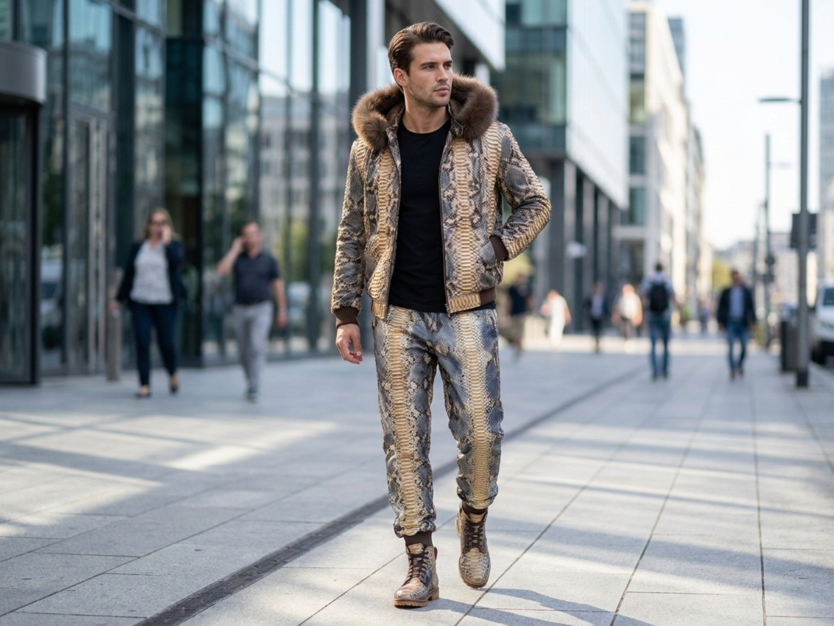 Python snakeskin printed tracksuit with fur-trim hooded jacket and matching joggers