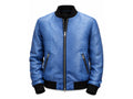 Blue snakeskin-textured bomber jacket with black rib trim, zip front and side zippers