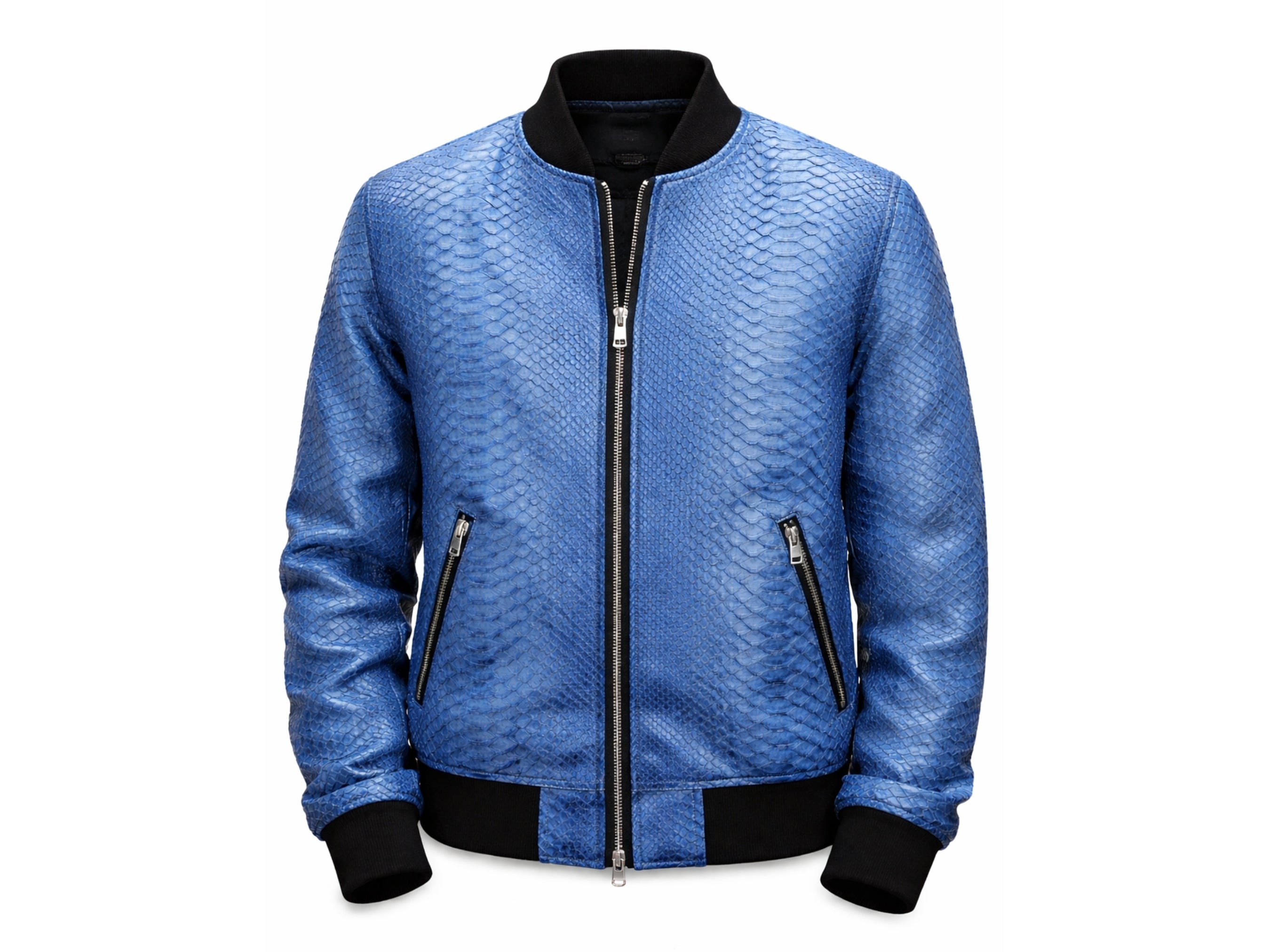 Blue snakeskin-textured bomber jacket with black rib trim, zip front and side zippers