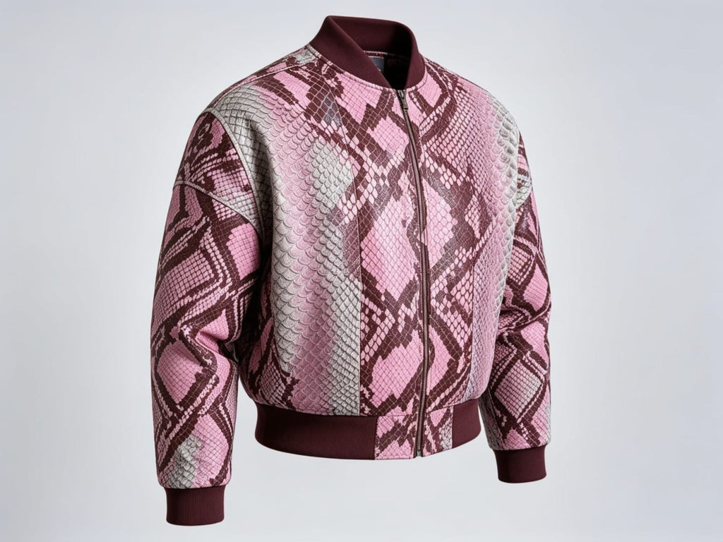 Pink snakeskin bomber jacket with maroon zip placket and ribbed collar, cuffs, hem
