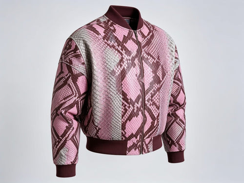 Pink snakeskin bomber jacket with maroon zip placket and ribbed collar, cuffs, hem