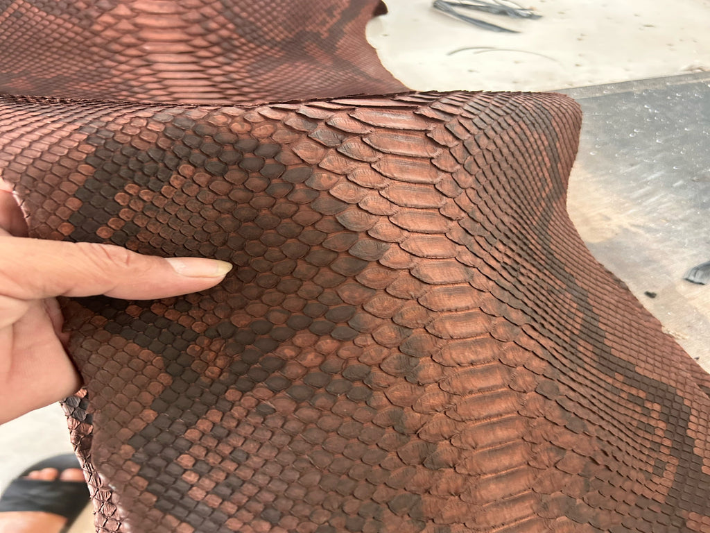 Close-up of brown snakeskin leather texture, jacket panel