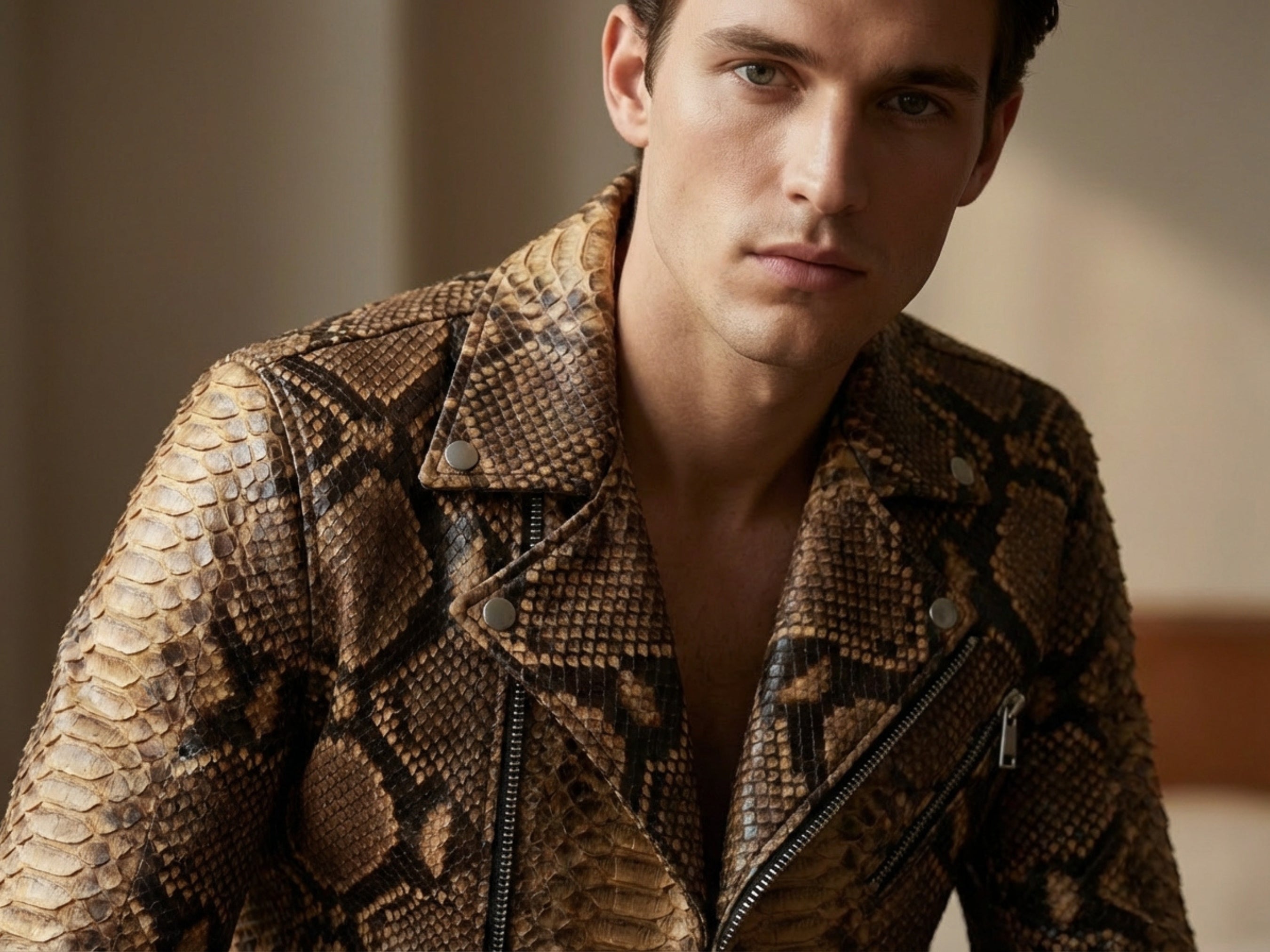 Natural brown snakeskin leather biker jacket on model with snap collar and zip front