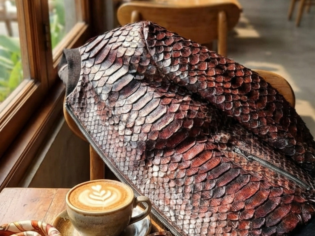 Snakeskin-pattern bomber jacket draped with front zipper and stand collar