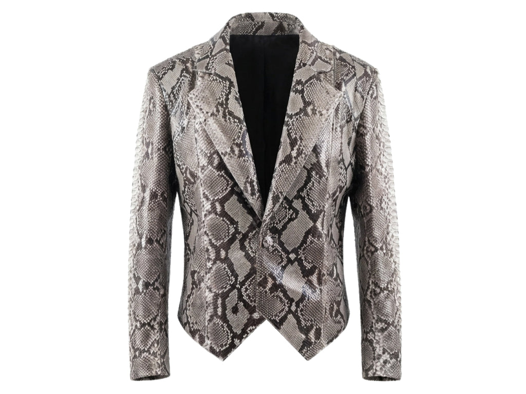 Natural gray python snakeskin blazer with notch lapels and single-breasted front