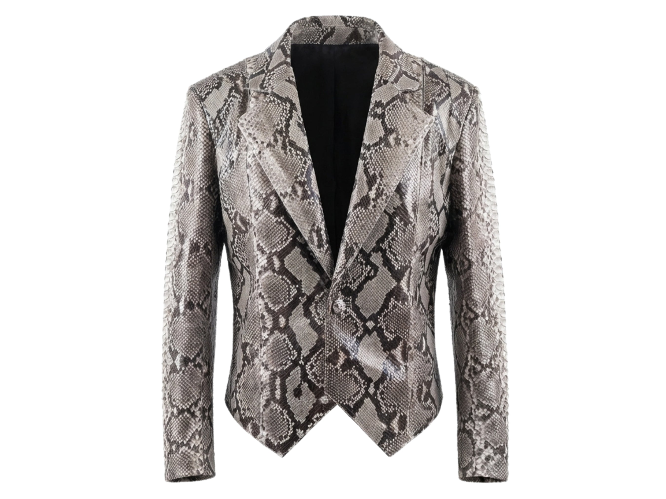 Natural gray python snakeskin blazer with notch lapels and single-breasted front
