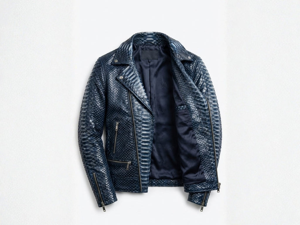Dark blue python snakeskin biker jacket with exposed lining, stand collar, front view.