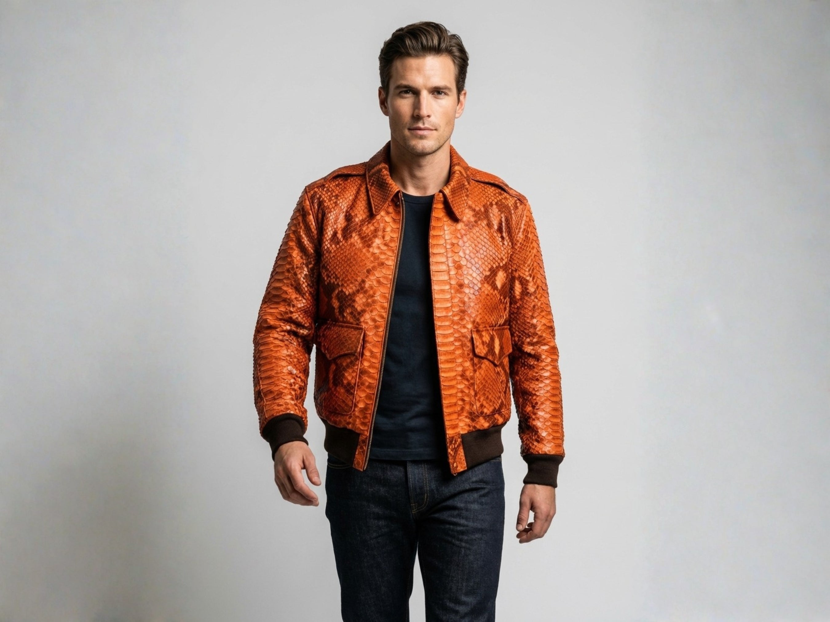 Men's flame orange python snakeskin bomber jacket, front zipper, ribbed cuffs