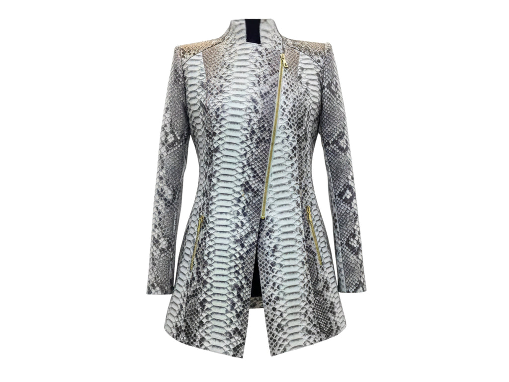 Gray python snakeskin jacket with asymmetrical front zip and stand collar