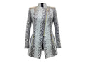 Gray python snakeskin jacket with asymmetrical front zip and stand collar