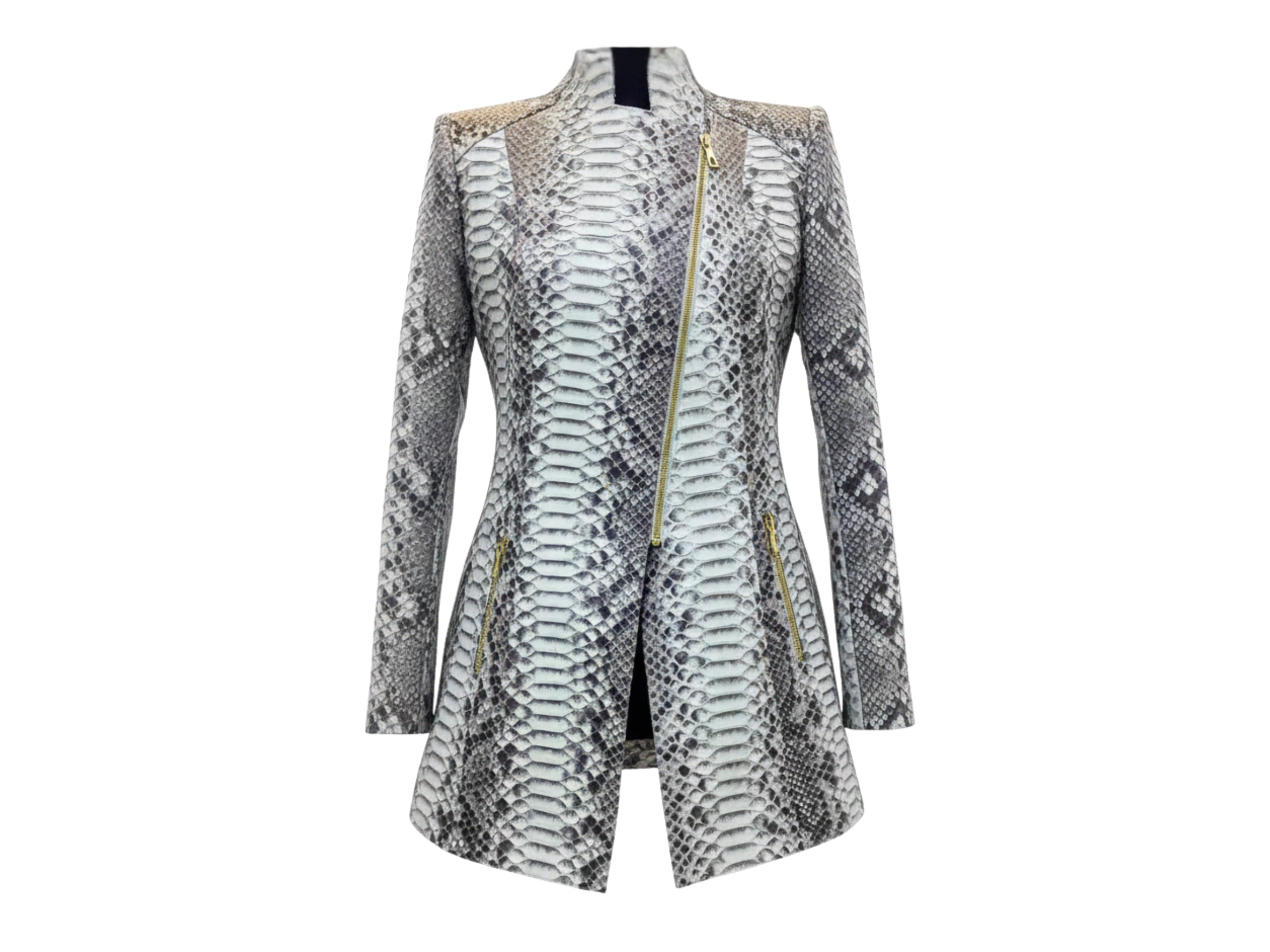 Gray python snakeskin jacket with asymmetrical front zip and stand collar