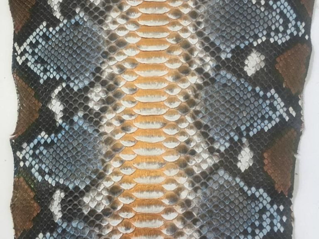 Snakeskin-pattern jacket fabric panel with brown, blue, and cream scale print
