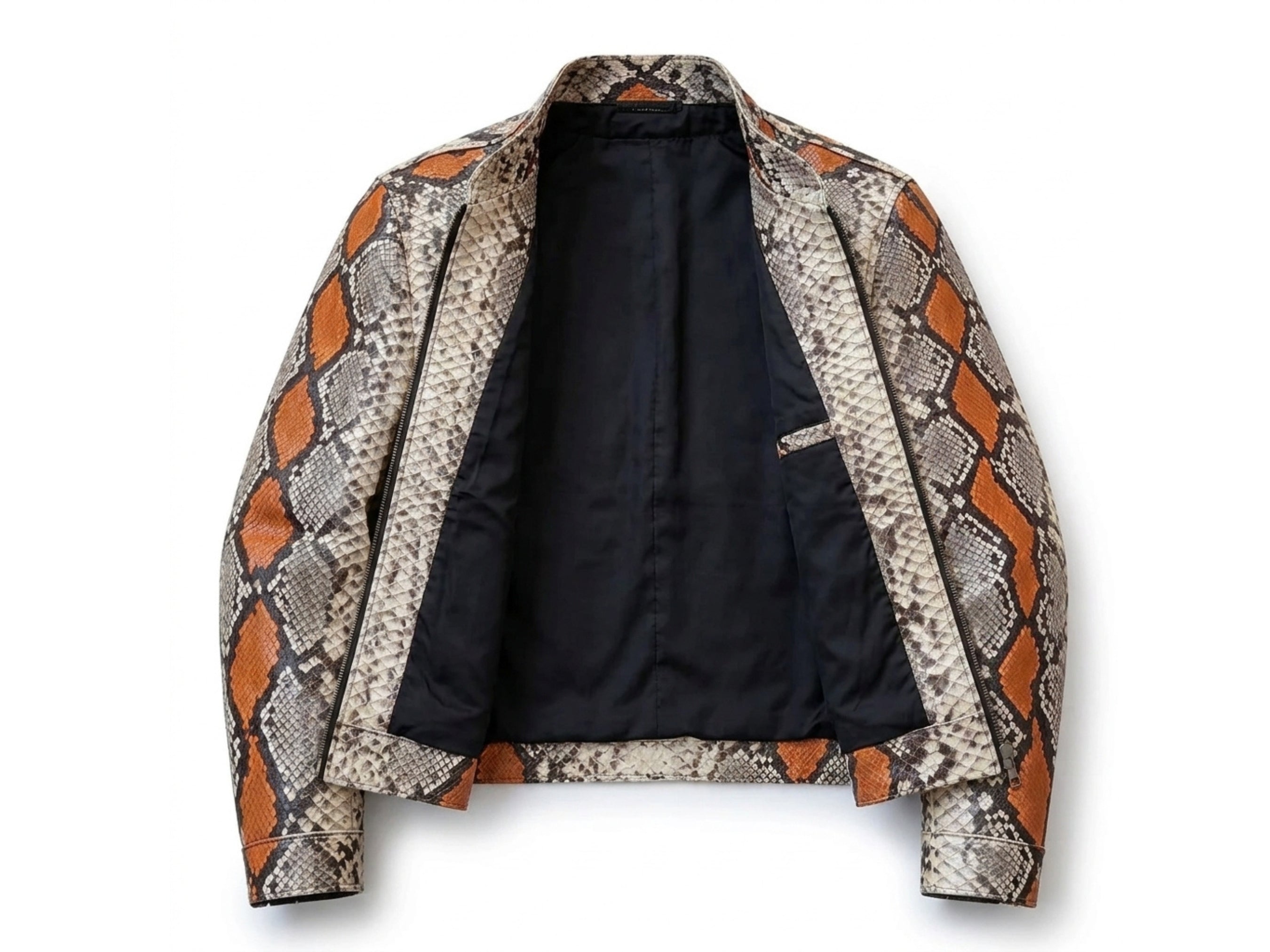 Python snakeskin jacket interior lining visible, orange diamond scale pattern and front zip