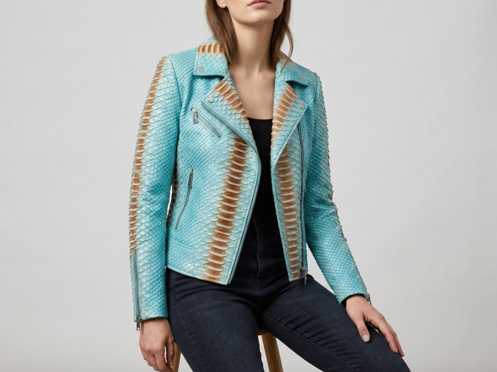 Turquoise snakeskin leather jacket with asymmetrical zipper and moto-style front panels