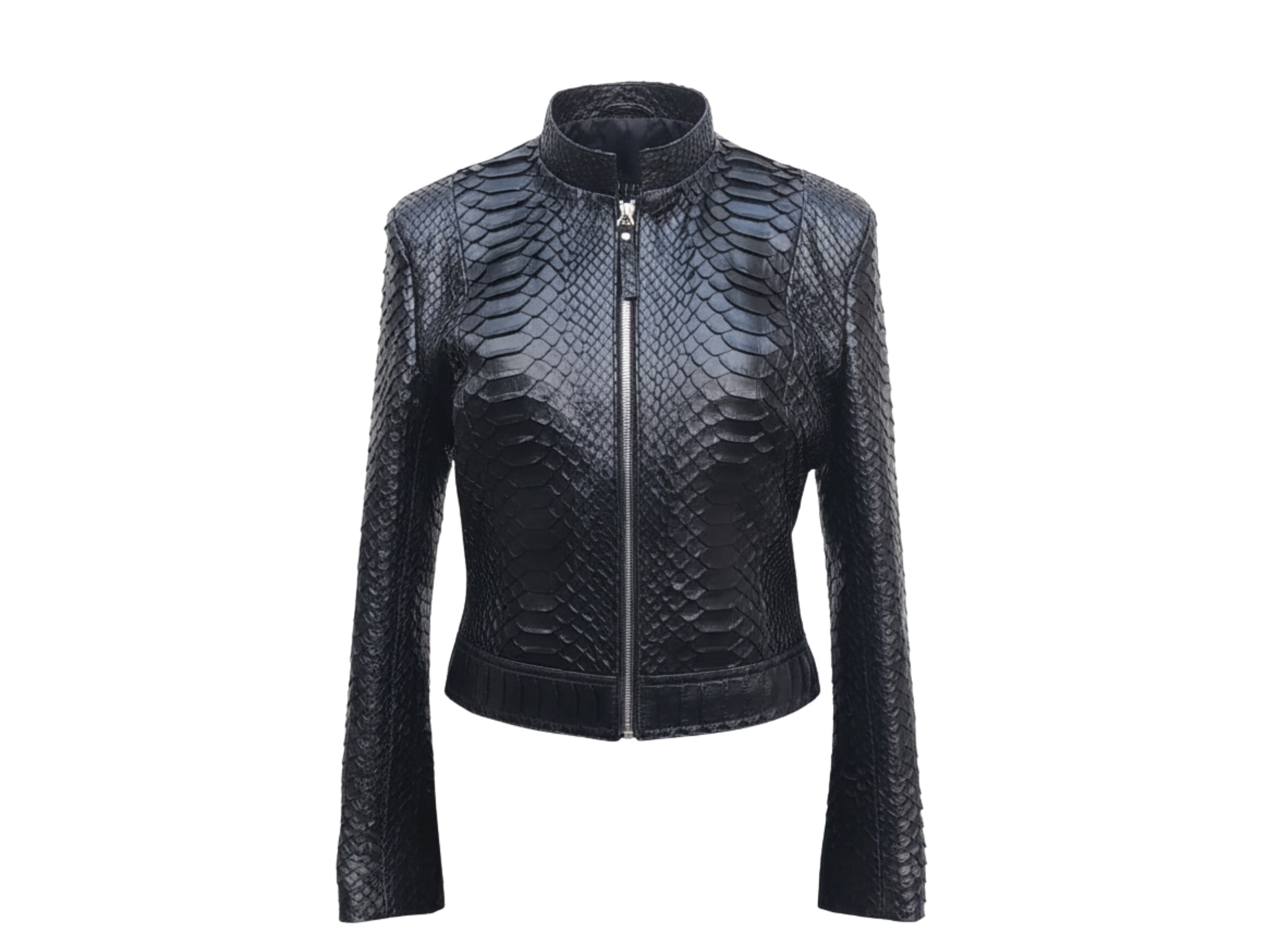 Black snakeskin leather jacket with full front zipper and stand collar