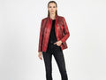 Red snakeskin leather blazer-style jacket with button front and chest flap pockets