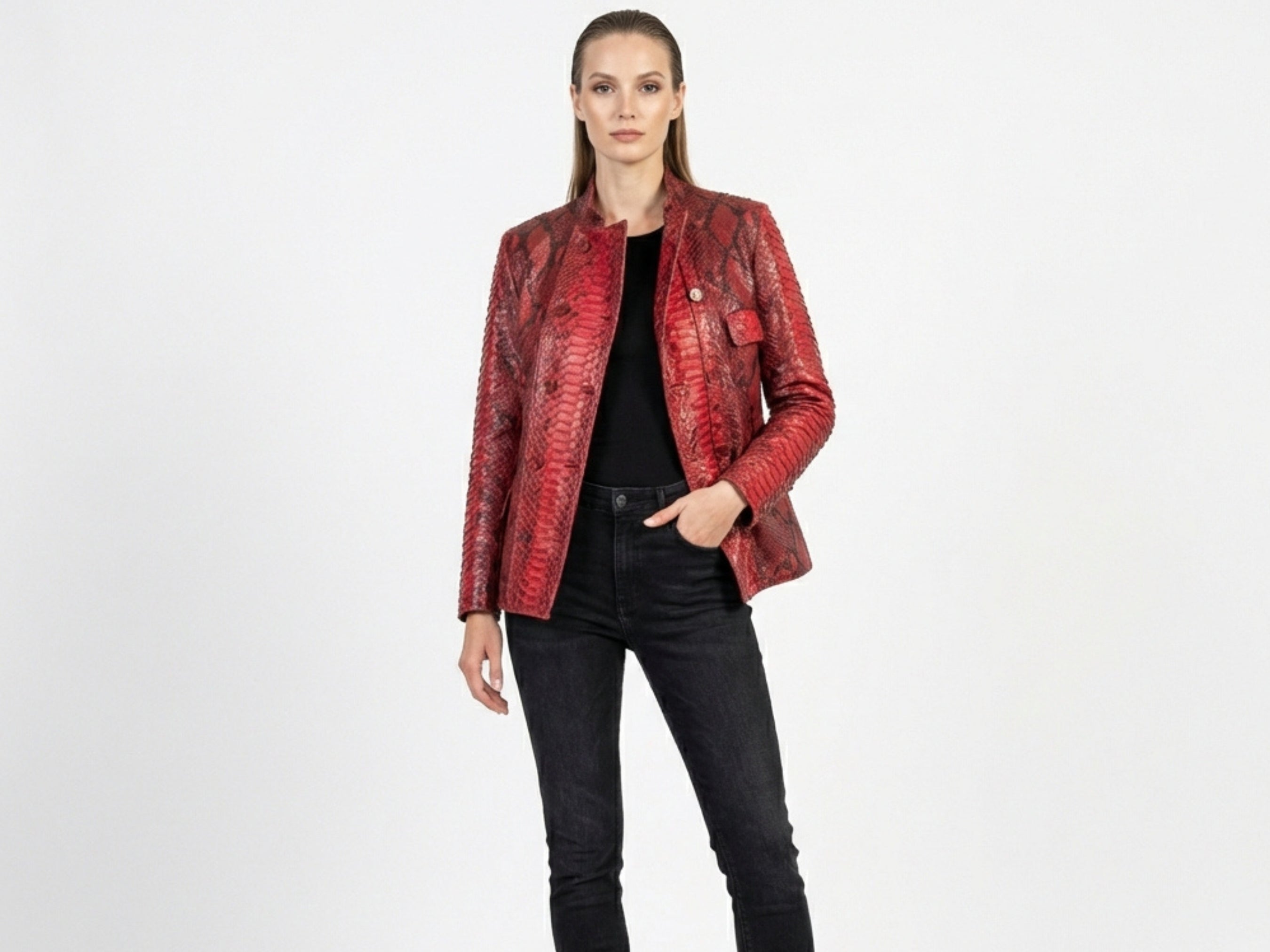 Red snakeskin leather blazer-style jacket with button front and chest flap pockets