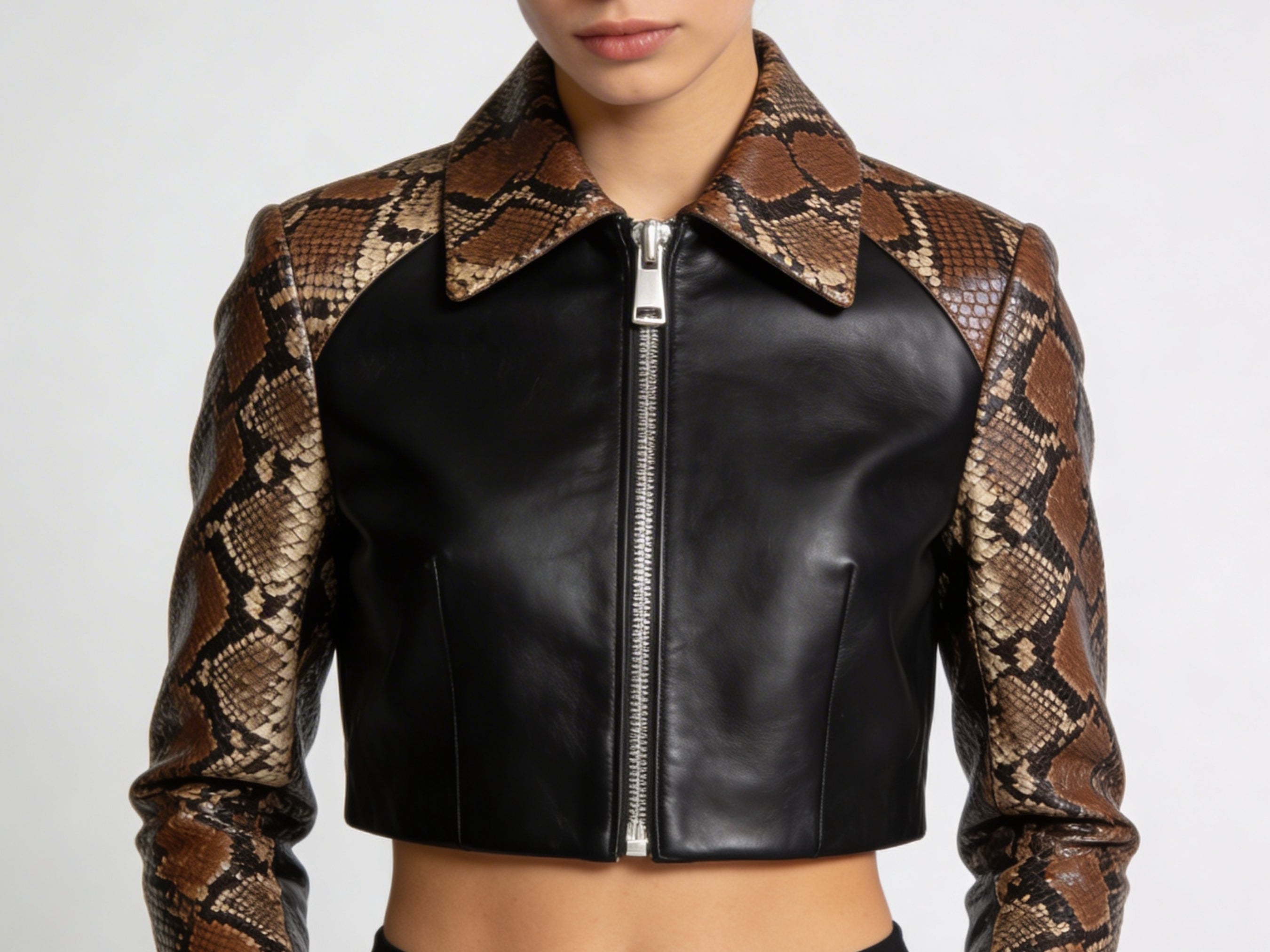 Cropped motorcycle jacket with black front, brown snakeskin sleeves, and silver zip.