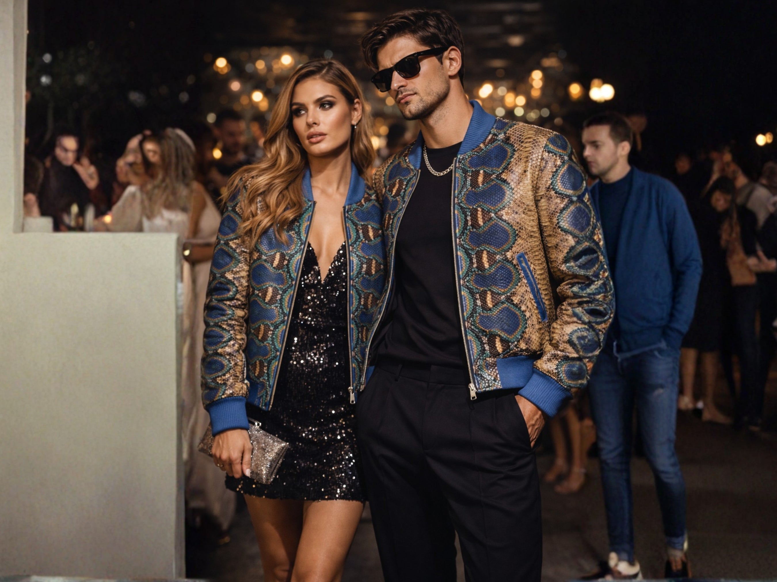 Multi-color python snakeskin bomber jacket on model, blue tan scale pattern, stand collar