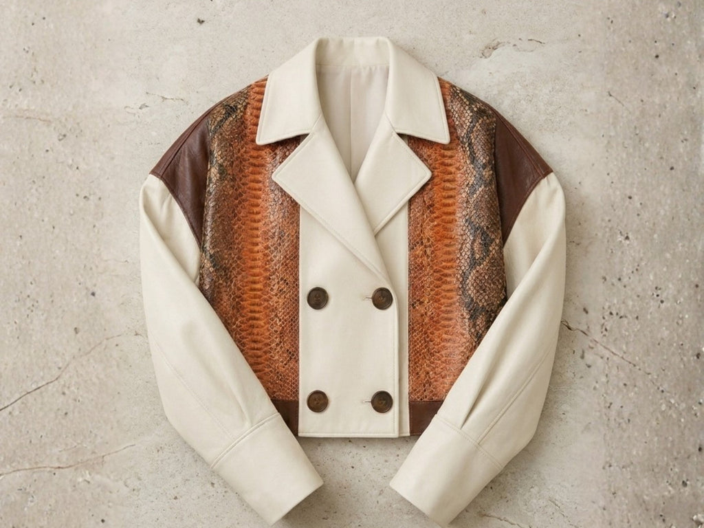 Double-breasted blazer with cream body and orange-brown snakeskin center panel, wide collar