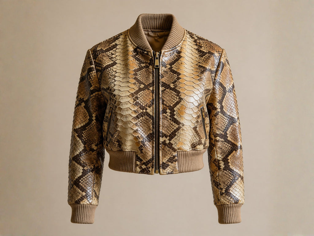 Cropped snakeskin bomber jacket with front zip and ribbed collar, cuffs, and hem