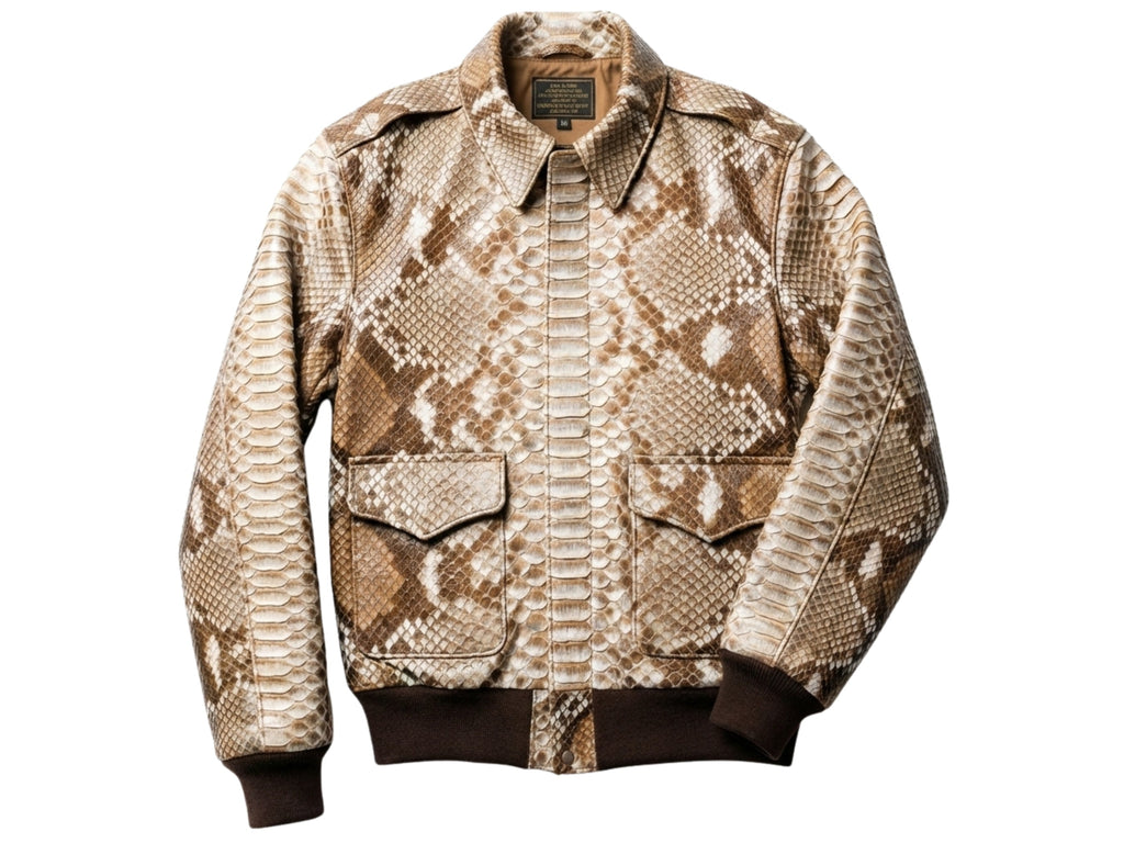 Taupe beige python snakeskin bomber jacket, front view with flap pockets and zipper