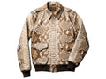 Taupe beige python snakeskin bomber jacket, front view with flap pockets and zipper