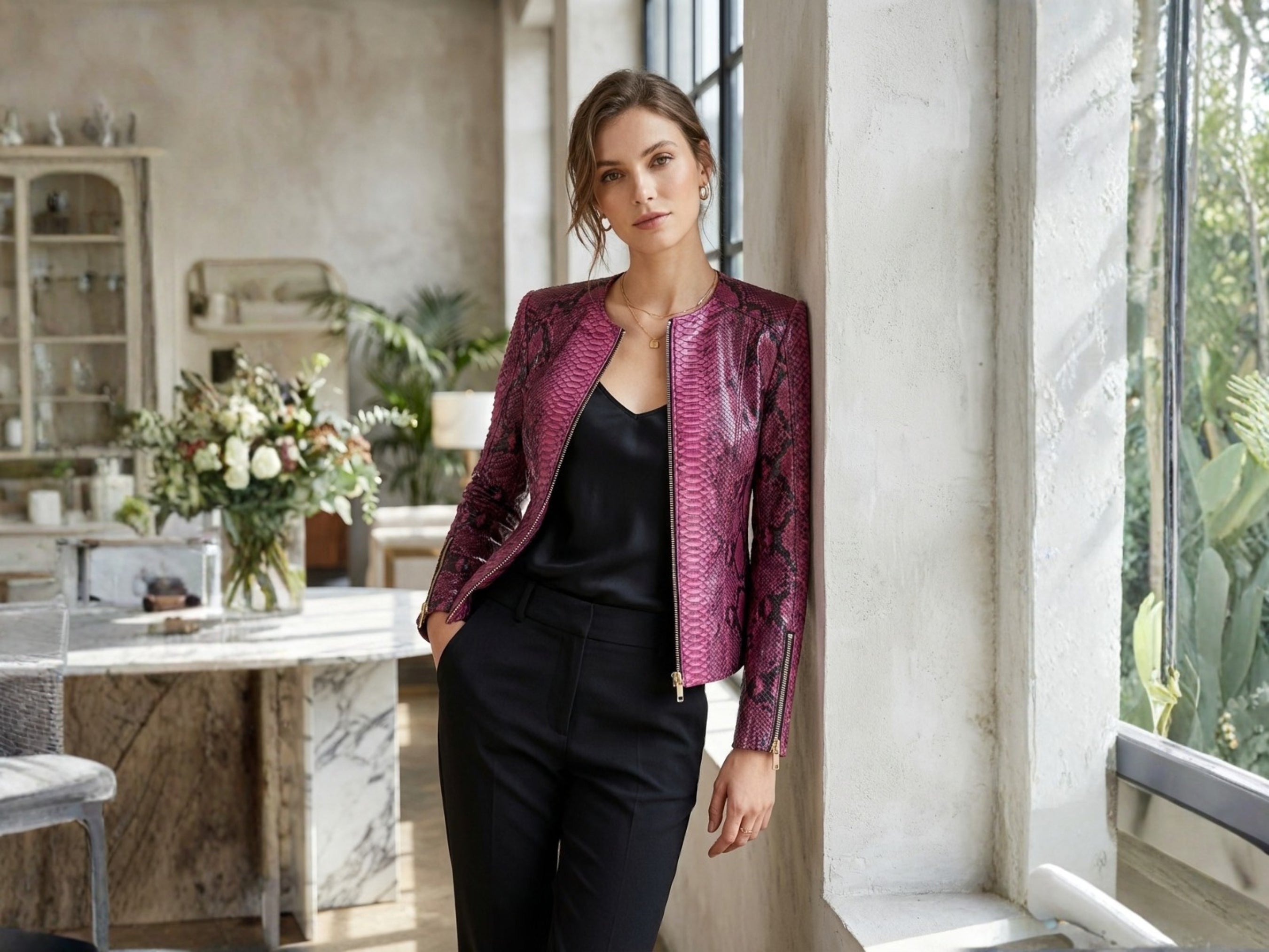 Pink burgundy snakeskin leather jacket worn over black top and pants, long sleeves