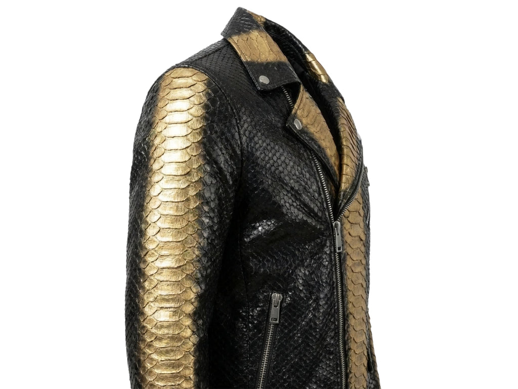 Men's black python-print biker jacket with gold vertical back panel and front zipper