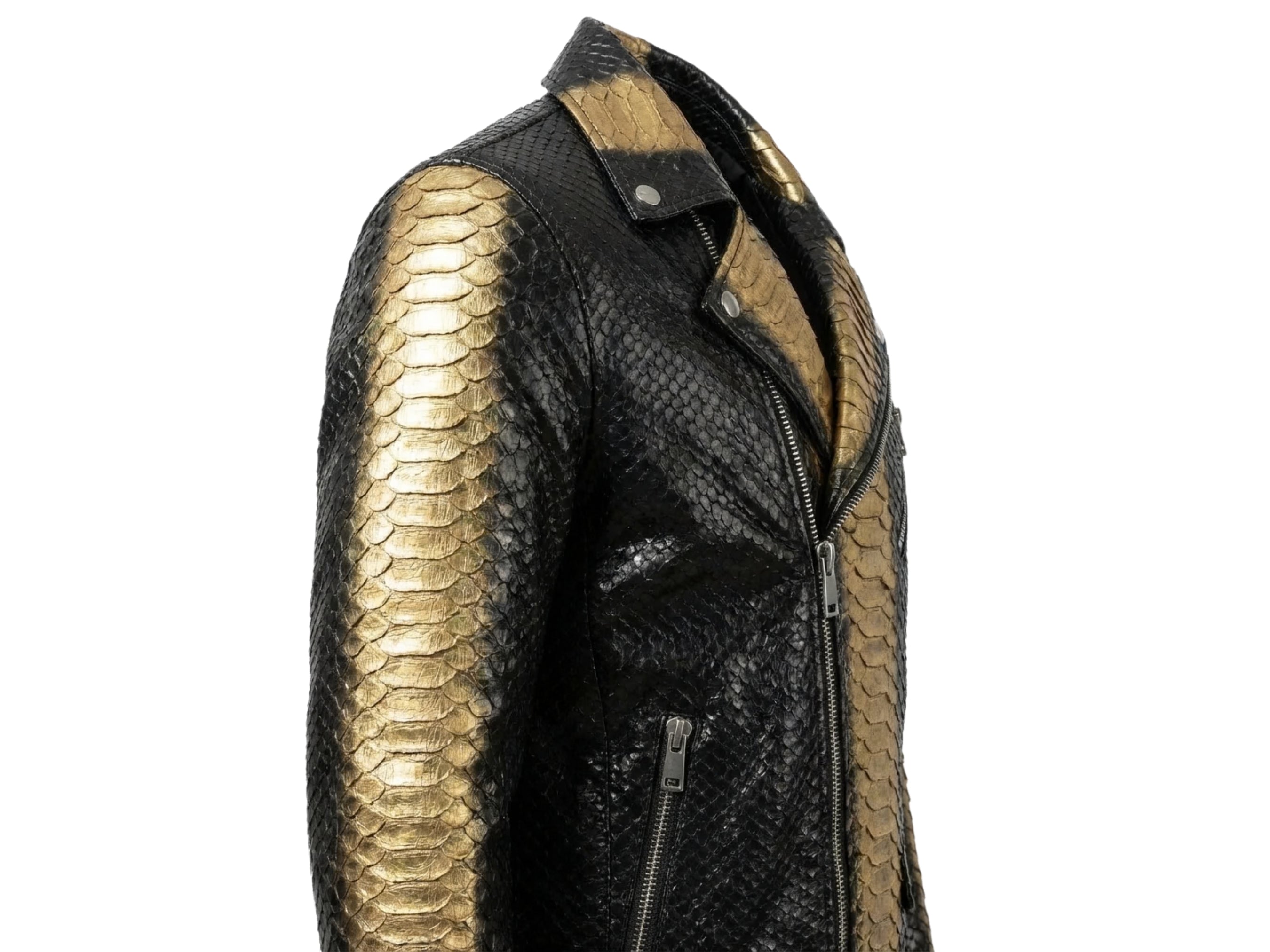 Men's black python-print biker jacket with gold vertical back panel and front zipper