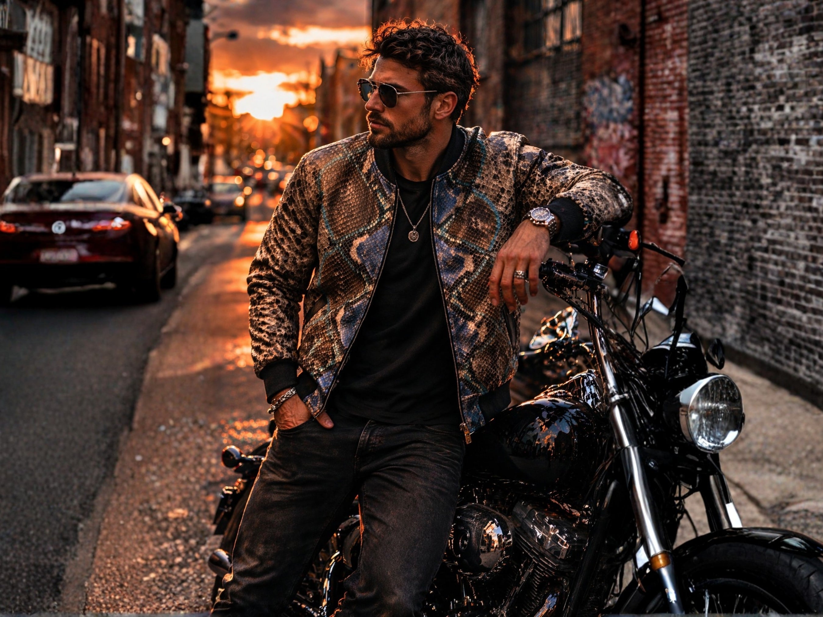 Men’s python snakeskin bomber jacket worn with black top and dark pants on city street